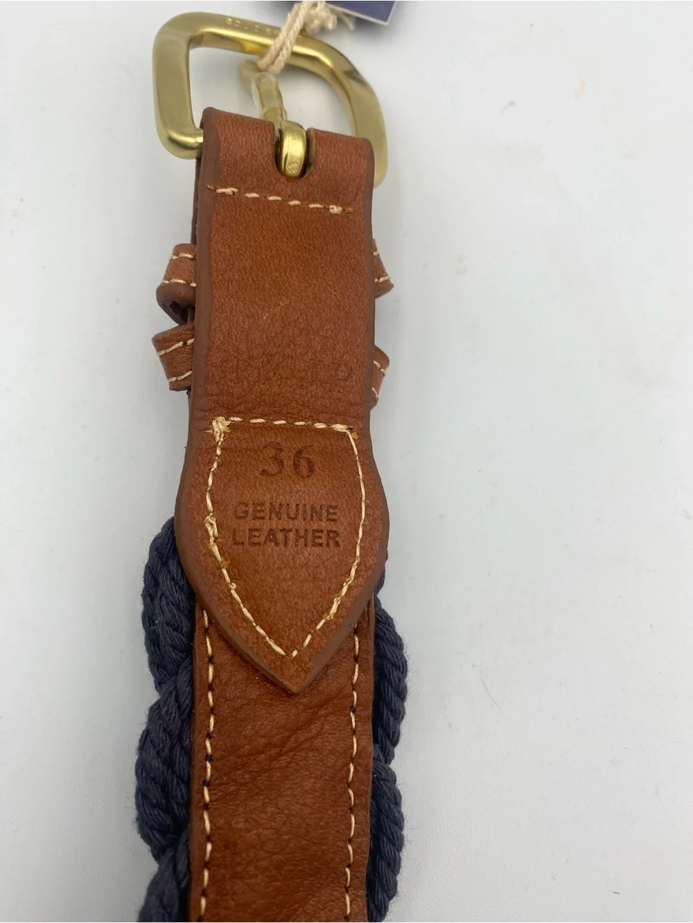 Kiel James Patrick Navy Braided Belt with Brown Leather and Brass Buckle